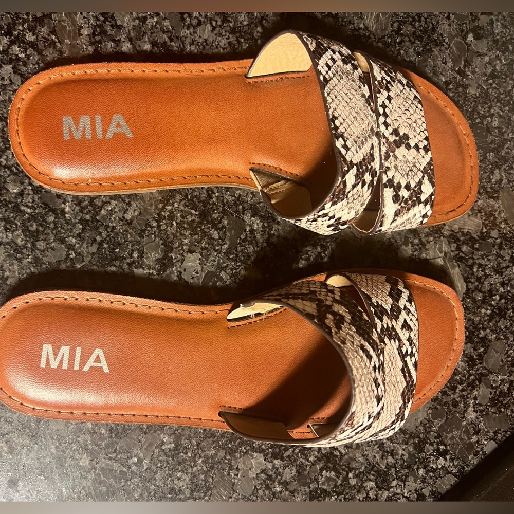 MIA Snakeskin Slide Sandals - Tan and Black